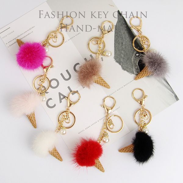 

2020 cream fluffy real fur ball pom poms pompom keychain car key chain ring pendant for women f438, Silver