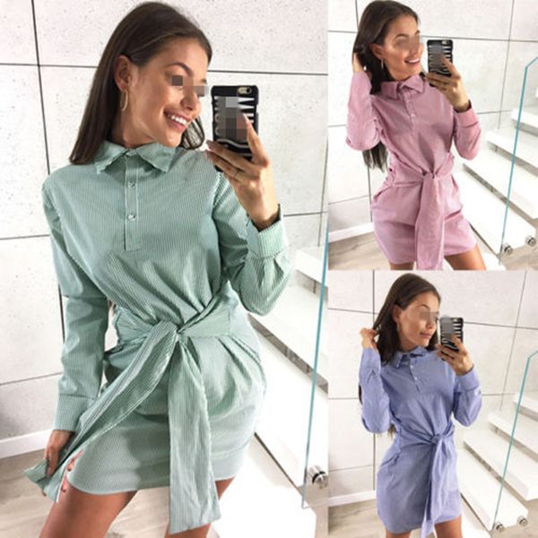 

casual women long sleeve striped with button long blouse mini dress ladies striped sleeves shirt top, Black;gray