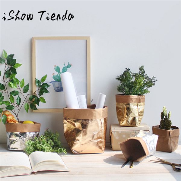 

ishowtienda ins mini papel kraft decor washable kraft paper bag plant flowers pots multifunction home storage bag reuse