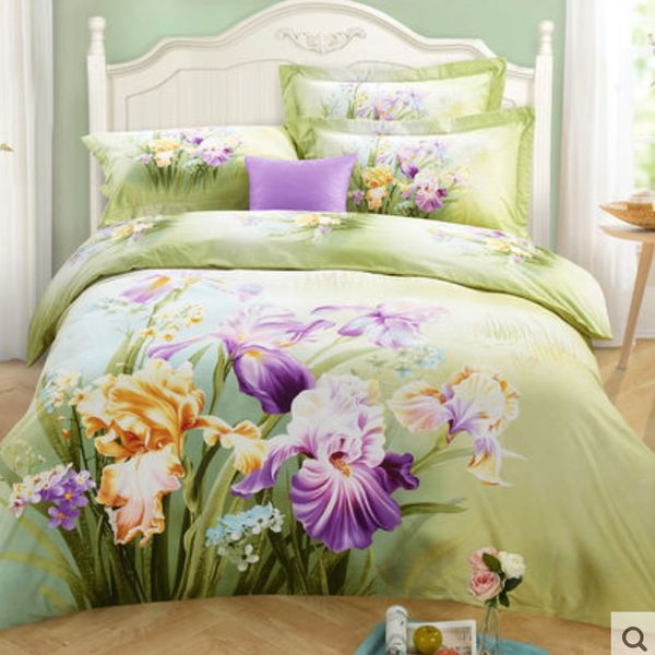 100 Cotton Cool Egyptian Beauty Flower Green Lily Bedding Sets