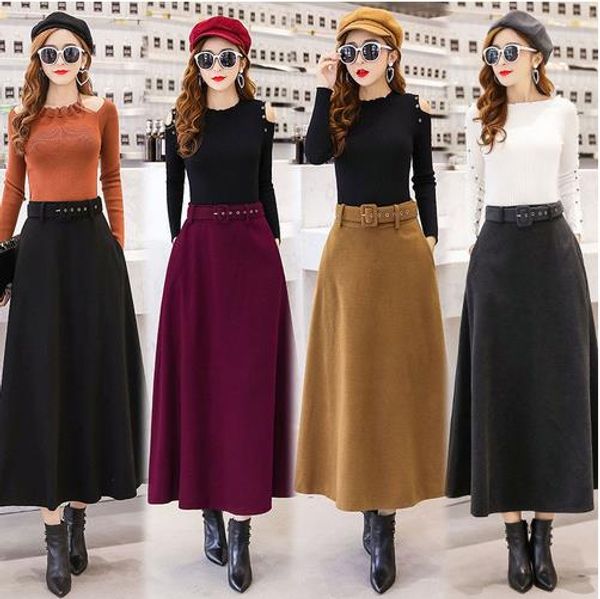 

winter women's wool maxi skirts with belt 2020 fashion vintage woolen skirt female streetwear casual saia longa wine red lj761, Black