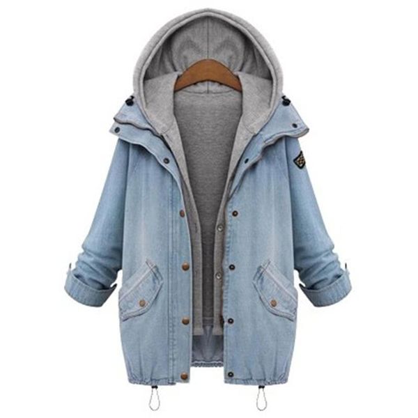 

female outerwear hooded drawstring boyfriend trends jean swish pockets two piece coat sleeve single breasted denim jacket breathable, Black;brown