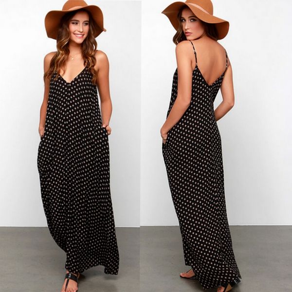 

2019 women polka dot print v neck sleeveless sundress loose maxi long beach bohemian vintage dress s to 5xl summer dress, Black;gray