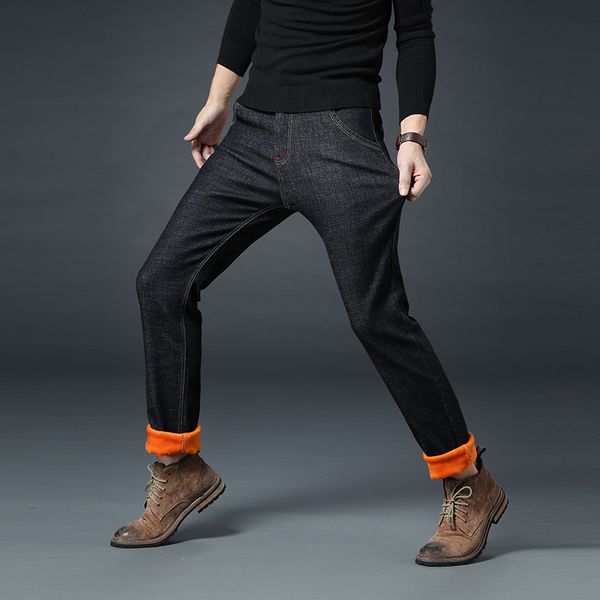 

2019 winter jeans hommes black stretch thicken jeans with warm denim jean pants trousers blue and black big size 42 44 46