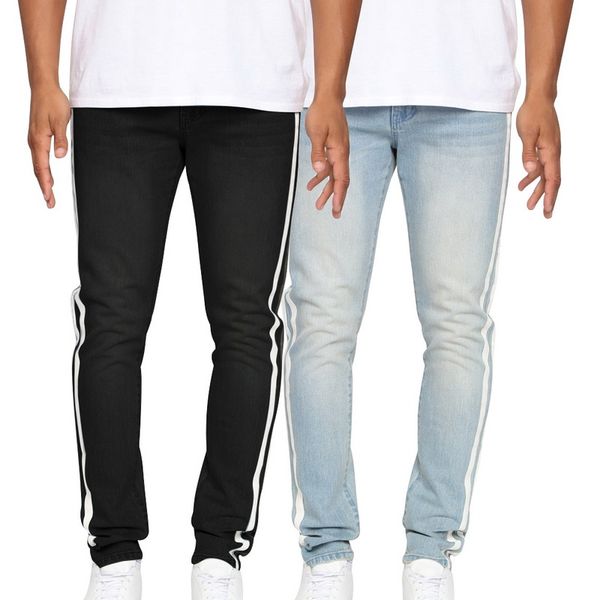 

2019 striped solid jeans men zipper long jeans homme male casual slim pencil men pants straight jean hombre, Blue