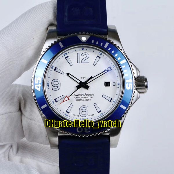 Pas cher nouveau Super Ocean 316L boîtier en acier A17366D81A1S1 cadran blanc automatique montre pour homme bracelet en caoutchouc bleu montres de sport Hello_watch BRE-A95