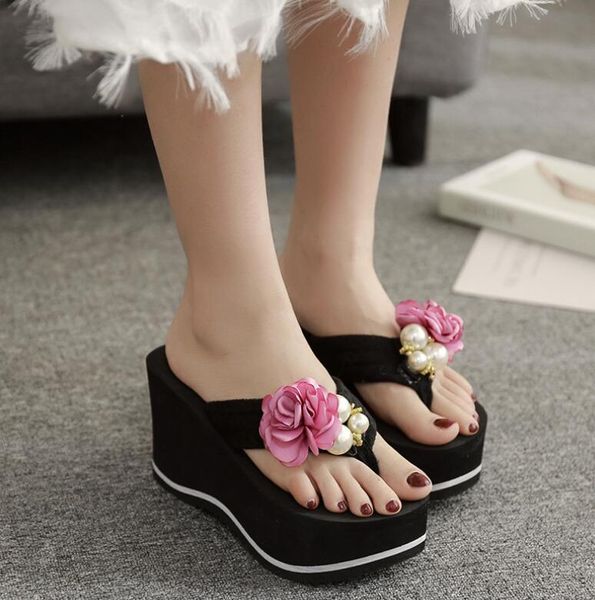 

9cm flip flop wedges heels summer slippers woman shoes women girls beach shoe light bottom platform 35 37 38 39 sliders femal, Black