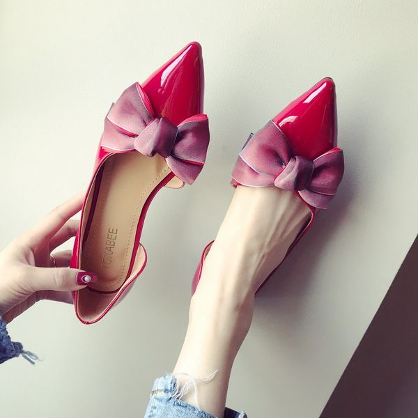 

sweet lace bow ballet flats women pointed toe japanned leather flat summer shoes woman bowtie wedding/party shoes loafers y508, Black