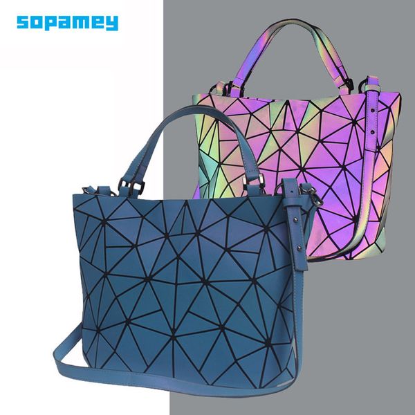 

2020 luminous women shoulder bag female geometry folding handbags tote purse ladies hand bags holographic plain bucket bag bolsa