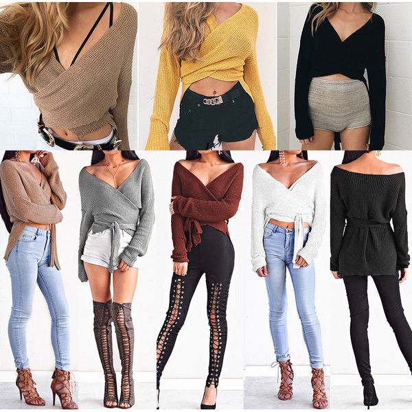 

hirigin women sweaters crop casual long sleeve knitted loose sweater knitwear for women belt deep v neck outwear fashion, White;black