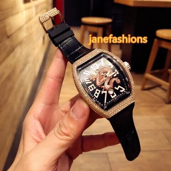 Rose Gold Diamant Herrenmode Uhr schwarzes Armband wasserdicht Sport heiße Uhr Weinfass Typ automatische mechanische Uhr kostenloser Versand