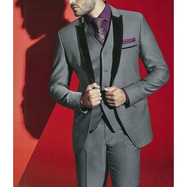 

new fashionable one button gray groom tuxedos peak lapel groomsmen man mens wedding suits (jacket+pants+vest+tie) 678, Black;gray