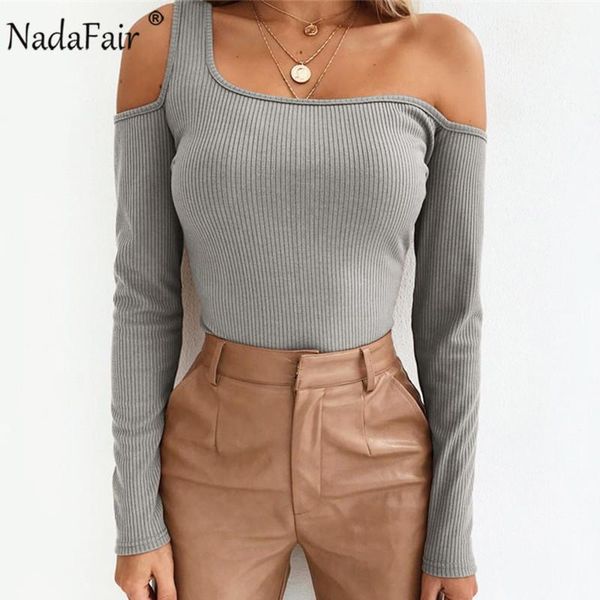 

nadafair winter long sleeve rib knitted t shirts women autumn solid off shoulder sweater female casual slim tshirt, White