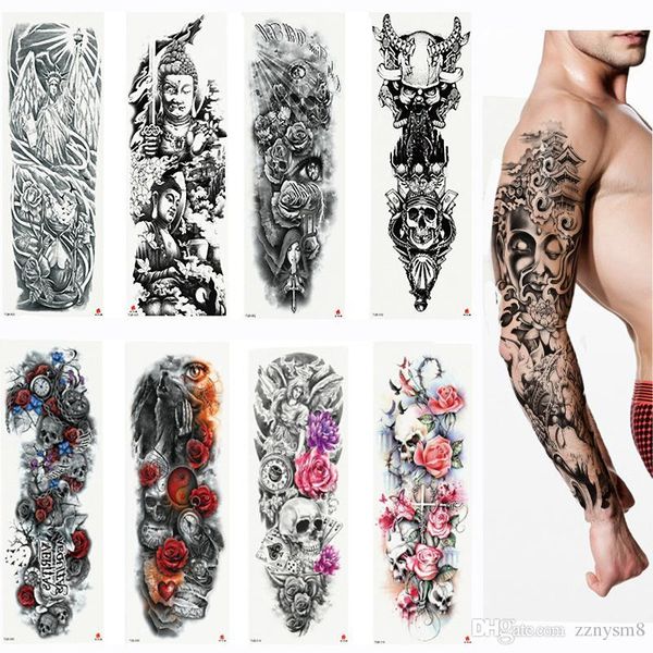 Acheter 2019 Nouveau Plein De Fleur Bras De Tatouage Autocollant Squelettes Et Roses Temporaire Peinture Pour Le Corps Transfert De Eau Tattoo Sleeve