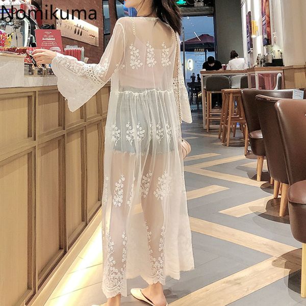 

women's blouses & shirts nomikuma beach style lace long women embroidery see through sun protection blouse boho elegant fashion blusas, White