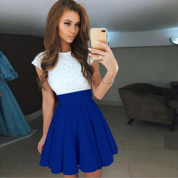

women's lace cute princess party mini dress office ladies elegant summer short sleeve skater dresses vestido festa #js5, Black;gray
