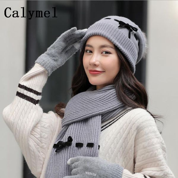 

calymel 2019 new winter wool hat scarf gloves set ladies fashion knitted set 3pcs plus velvet thick outdoor ski warm, Blue;gray
