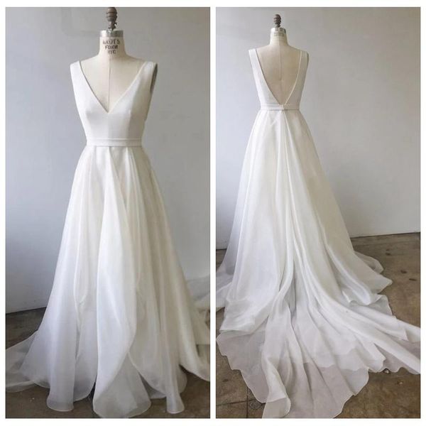 

2020 simple beach wedding dresses v neck satin ruched pleats tiered chiffon skirt custom made wedding gown vestido de novia, White