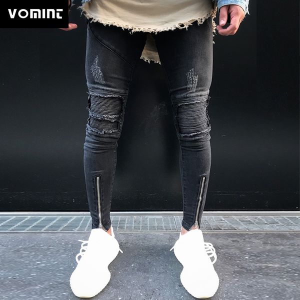 

vomint men's jeans black locomotive hole tight skinny trend fashion solid color pant panelled regular pencil pants trousers, Blue
