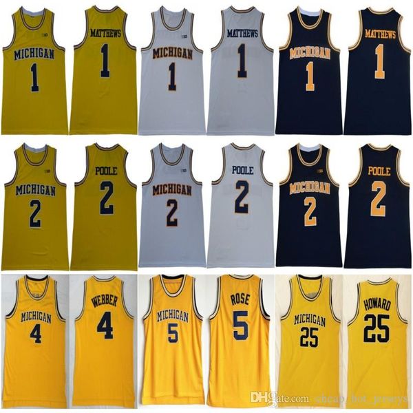 NCAA Michigan Wolverines Basket Charles Matthews 1 Jorda 2 Poole Jersey Uomini Jalen 5 Rose Chris 4 Webber Juwan 25 Howard Glen 41 Rice