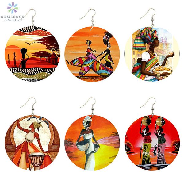 

somesoor africa tribal wooden drop earrings painted fabric headwrap woman afro artistic black etnnic wood jewelry for girl lady, Golden