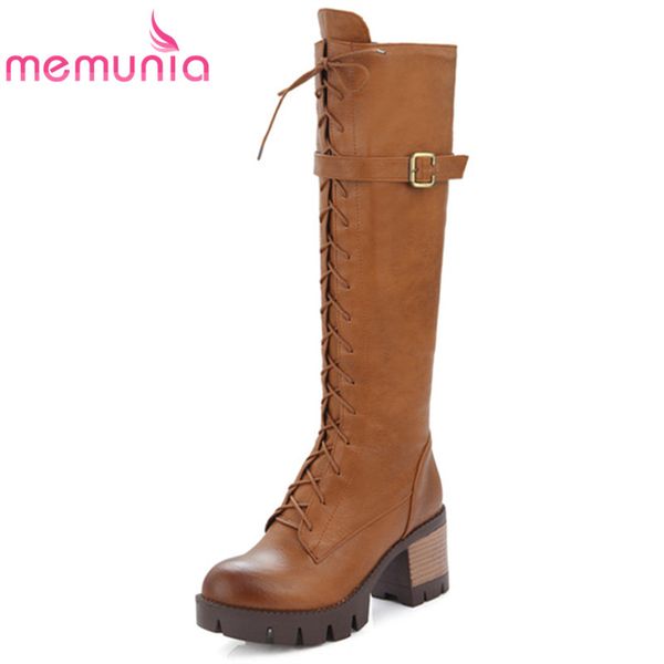 

memunia 2020 european style knee high boots women pu round toe autumn winter high heel platform boots female casual shoes, Black