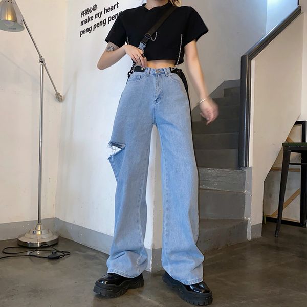 

women's jeans 2021 fashion denim women vintage high waist drape wide leg hole pants for female, Blue