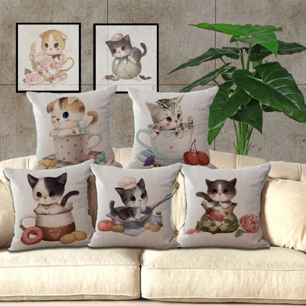 

cute teacup cat linen cotton pillow covers cushion cover decorative sofa cushion /home decor throw pillow case teacup cat pillow covers 100g