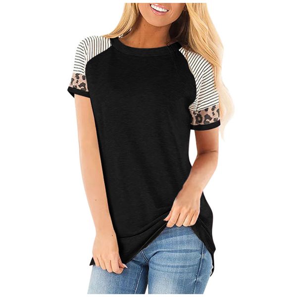 

women short sleeves tee shirts o neck striped leopard patchwork casual summer pullover loose office ladies tshirts, White