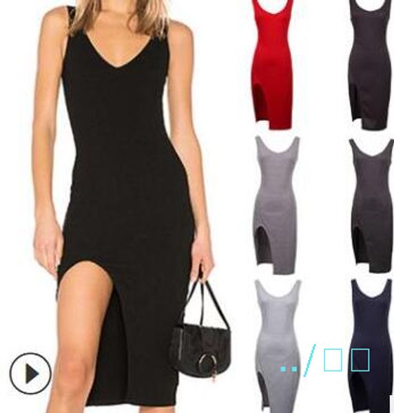 

women bodycon dresses tank vest v-neck slit maxi dress irregular skinny slim dress ladies sheath long skirt party dress clothing cz421, White