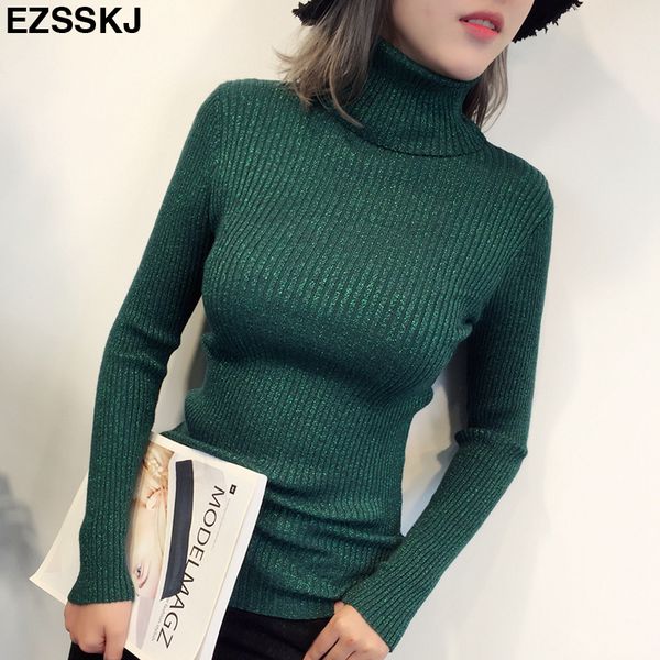 

women sweaters 2018 high elasticity glitter pullover with turtleneck shiny bling autumn winter basic slim sweater red purple, White;black