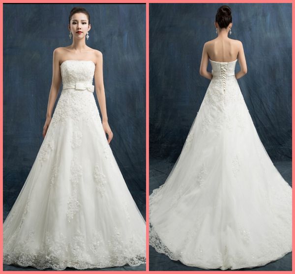 

2019 a line white lace appliques elegant wedding dress strapless sweetheart neck formal empire bride dress selling