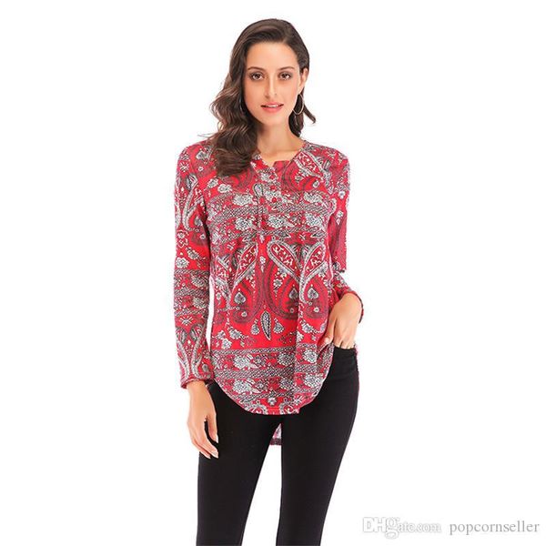 

plus size womens blouse v neck shirt long sleeve loose print t-shirt casual female clothes fashion designer blouse, White