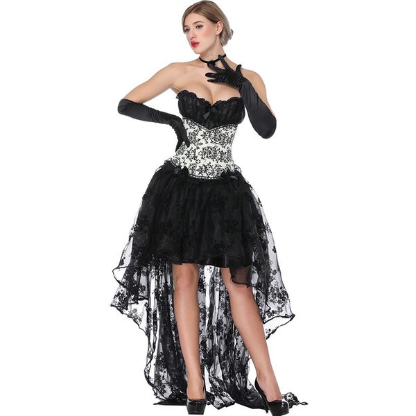 Abito da donna con corsetto burlesque di Halloween Set da 2 pezzi Abito da festa con corsetto overbust floreale a contrasto in pizzo arricciato e gonna lunga Hi-lo S-XXL