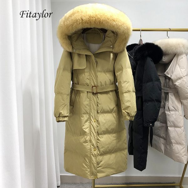 

fitaylor winter large real fur long down jacket women white duck down loose hooded parka single breasted overcoat with belt, Black