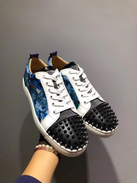 

red bottom shoes spike sneakers mens women low r dress shoes outdoor lace up party shoes casual patchwork flat size35-46 with box, Black