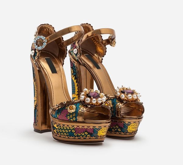 

2019 ladies diamond pearl embroider 14cm chunky high heel open peep-toes european american palace sandals shoes brown 003, Black