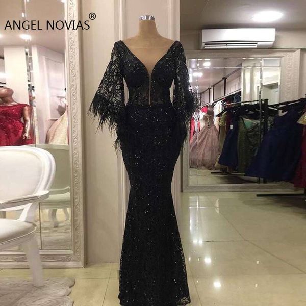 

long black glitters v neck lace evening dress 2019 with feather saudi arabia dubai moroccan formal prom gowns, White;black