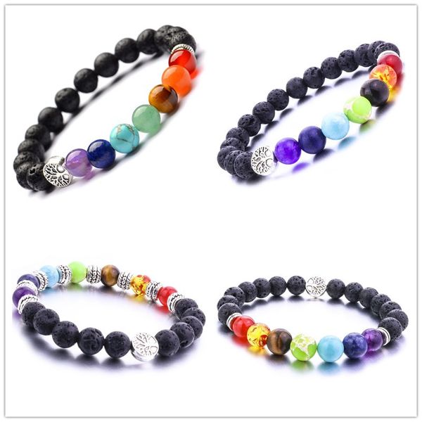 

mix 8mm black volcanic lava stone tree of life 7 chakras bracelet diy aromatherapy essential oil perfume diffuser bracelet for women jewelry
