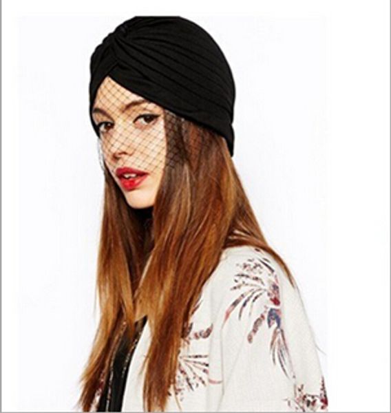 

2016 new fashion india hat black women ladies turban hat with mesh veil detail cap, Blue;gray