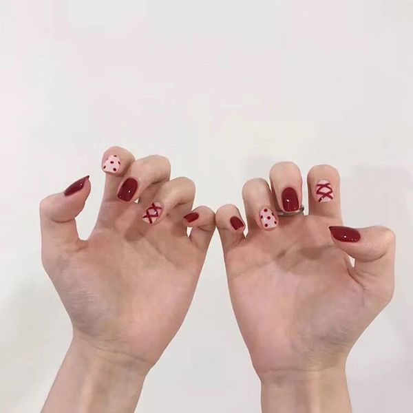 

24pcs deep wine red sequins fake false 3d fashion full nails tips sticker press on nails with glue nail art, Red;gold