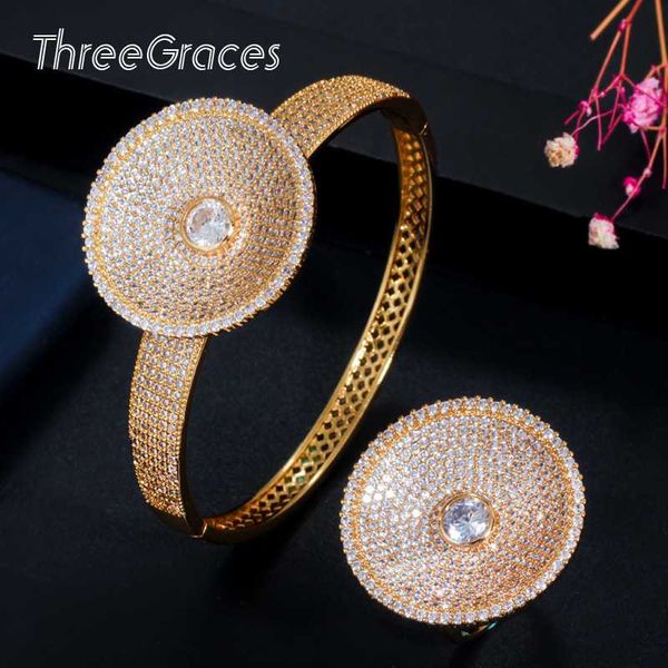 

threegraces luxurious african gold micro pave cubic zirconia big round rings set for women costume jewelry js129, Silver