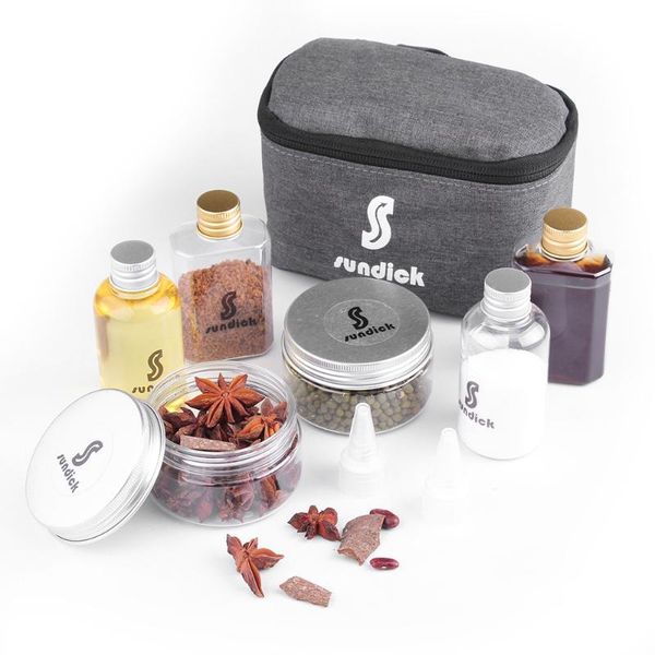 

camp kitchen 7 pcs spice cruets set travel size salt bottle bbq sauce container anise storage bag camping hiking self-driving