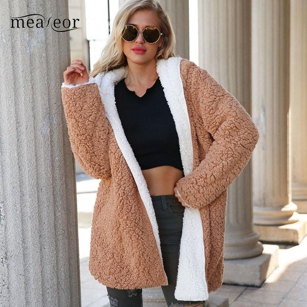 

meaneor casual long sleeve women overcoats both sides wear solid warmer winter coats jackets loose women coat outerwaer, Tan;black