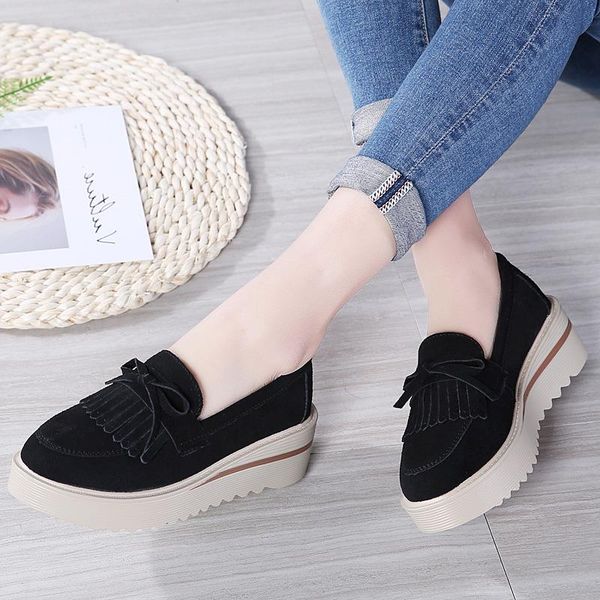 

fashion women's shoes spring autumn new flats girls thick bottom wedges large size genuine leather casual shoes female, Black