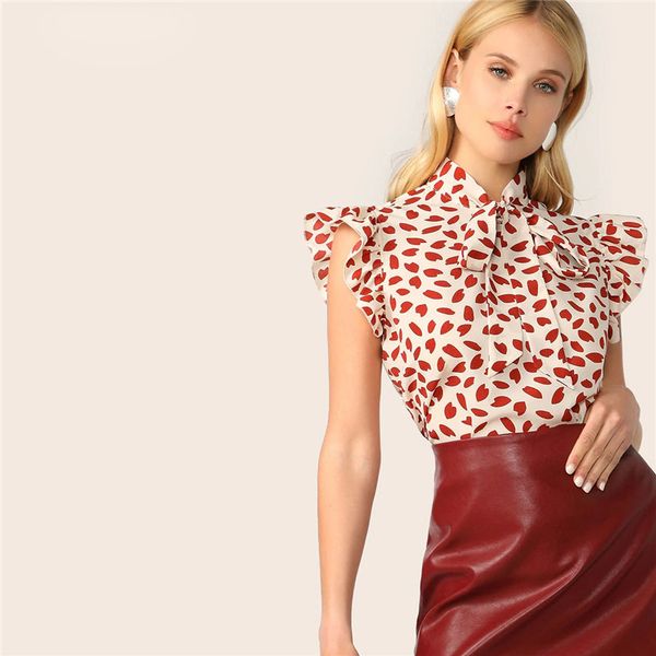 

women summer blouse elegant red bow tie ruffle trim petal print blouse women summer 2019 office lady workwear sleeveless blouses, White