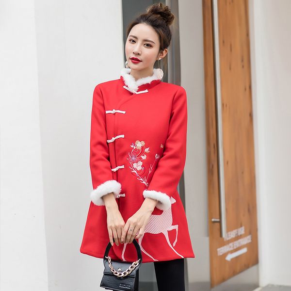 

new 2019 women wool blends coat embroidery chinese wind hanfu cotton-padded coats outerwear red 9845, Black