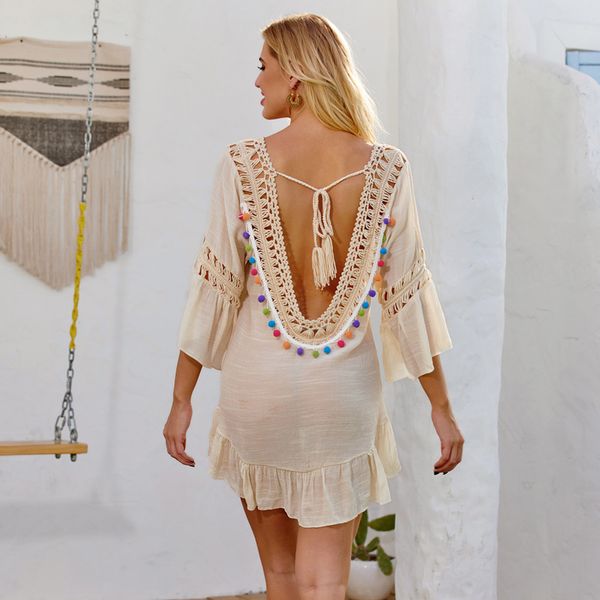 

popular open back cover up hook out wool ball tassel bikini blouse seaside holiday sunscreen beach cover up, White;black