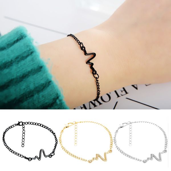 

l245 simple heart beat rhythm chain bracelet jewelry ecg heartbeat bracelets for women men girl gift punk pulseira feminina, Black