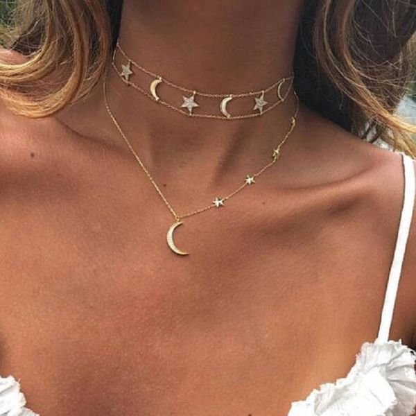 

2019 new cz moon star charm necklace gold rose silver color choker double chain delicate sparking cz moon star pendant necklace